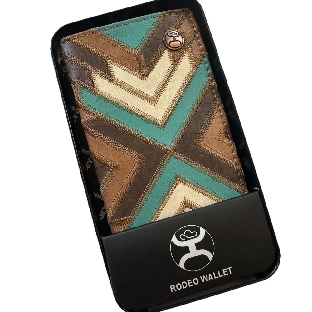 Hooey Montezuma Leather Patchwork Bifold Rodeo Wallet Western-Turquoise/Brown